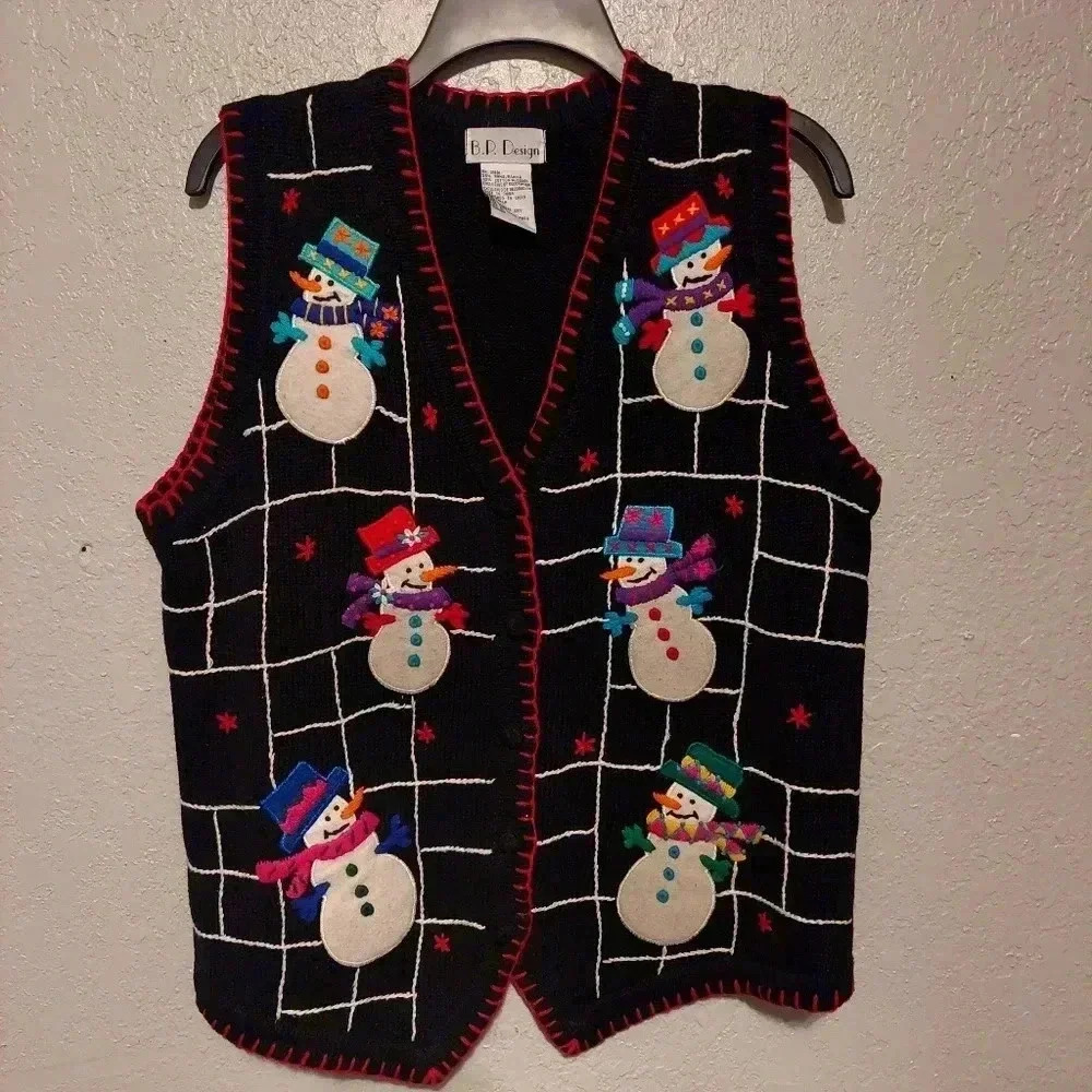 B.P. DESIGN Knit Sweater Vest Sz M Holiday Christmas Snowman Embroidered Black - Picture 1 of 6